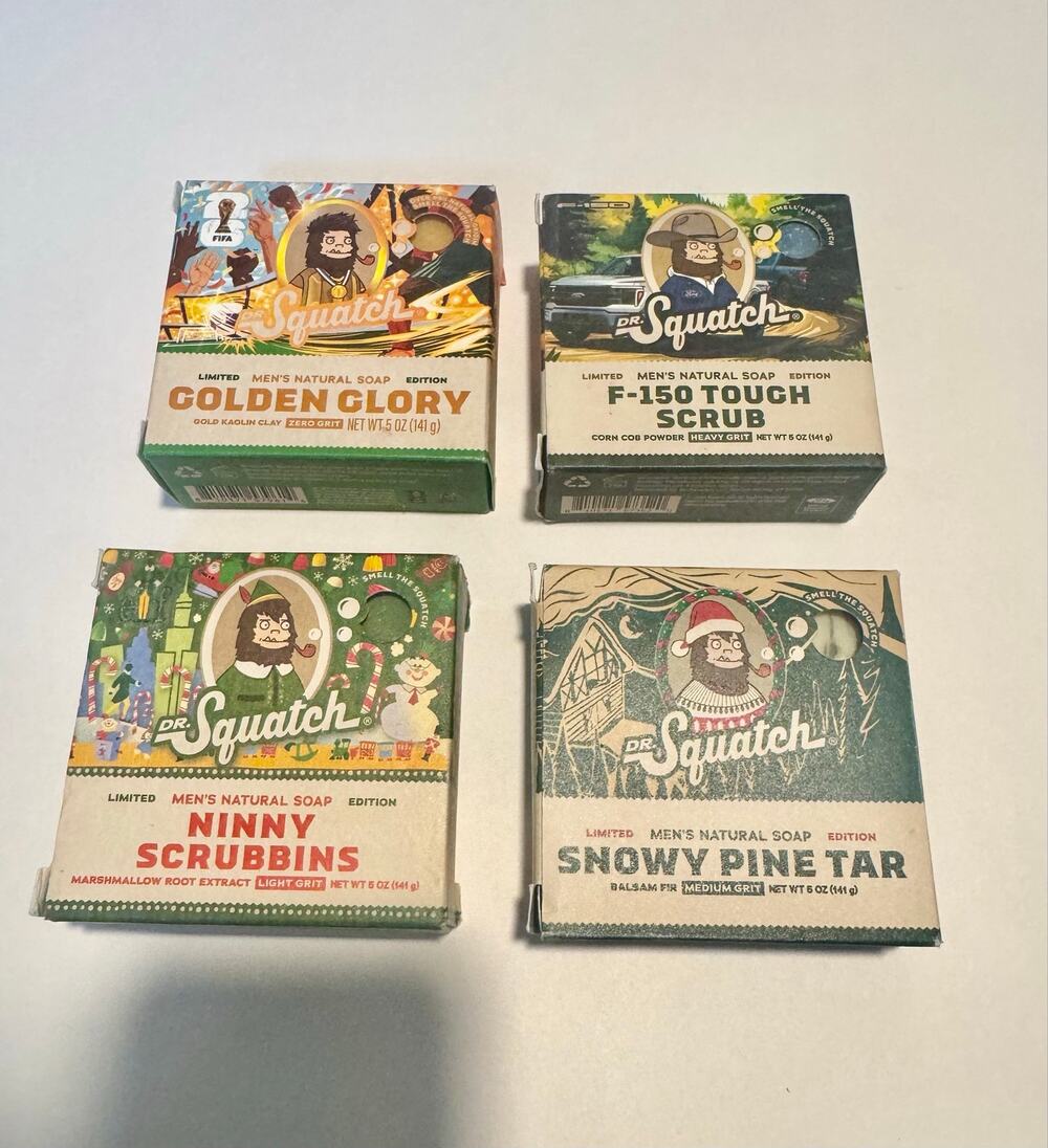 Dr. Squatch 4-Bar Soap Lot: Golden Glory, F-150, Ninny Scrubbins, Snowy Pine